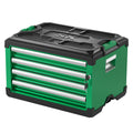 Modular stackable storage toolbox by SK Tools USA, LLC with four silver drawers and a green plastic exterior