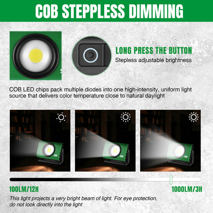Portable Mini Work Lilght, #SK02395 SK Tools USA, LLC COB LED work light in green with long-press button