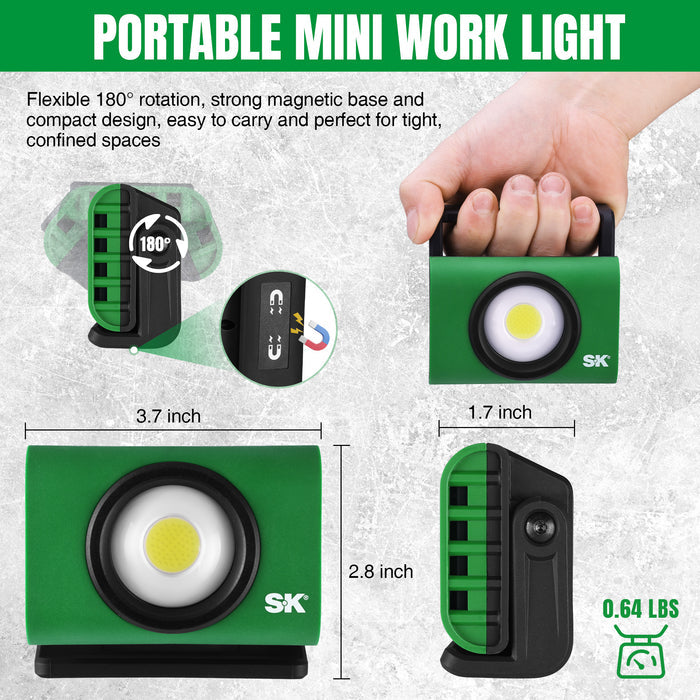Portable Mini Work Lilght, #SK02395 SK Tools USA, LLC portable mini work light green and black with magnetic base, 180° rotation.