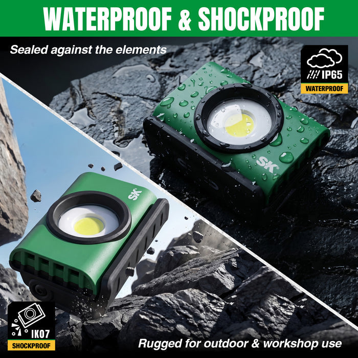 Portable Mini Work Lilght, #SK02395 rugged SK Tools USA, LLC portable mini work light in green—IP65 waterproof.
