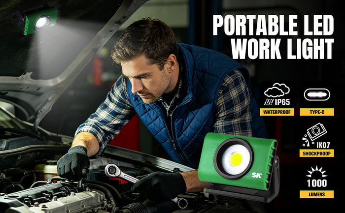 Portable Mini Work Lilght, #SK02395, SK Tools USA, LLC IP65-rated portable LED work light green with Type-C charging