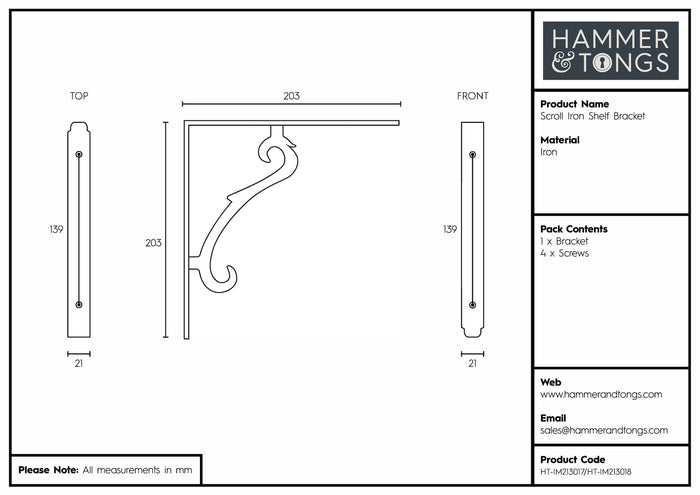Raw 205mm Scroll Iron Shelf Bracket