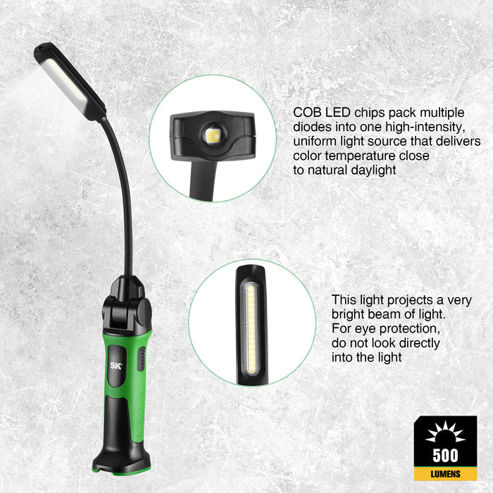 Rechargeable Slim Hose Light, #SK02398 by SK Tools USA, LLC work light black and green COB LED for natural daylight