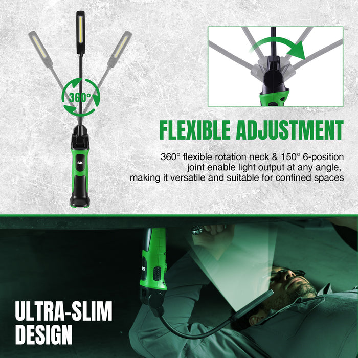 Rechargeable Slim Hose Light, #SK02398 by SK Tools USA, LLC slim work light in green and black with 360° neck.