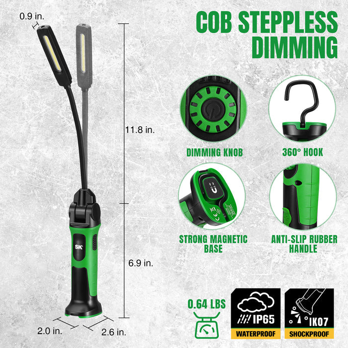 Rechargeable Slim Hose Light, #SK02398, SK Tools USA, LLC slim hose light in green and black with dimming knob