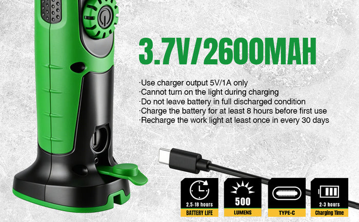 Rechargeable Slim Hose Light, #SK02398 by SK Tools USA, LLC black and green with Type-C charging and 500 lumens