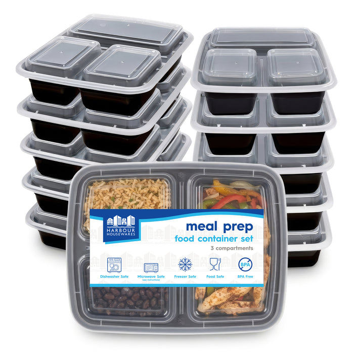 Reusable Meal Prep Containers - 3 Compartments (975ml) - Pack of 10