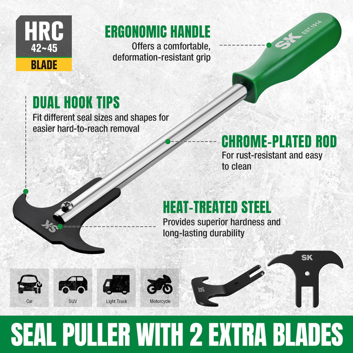 Seal puller with features highlighted on a white background