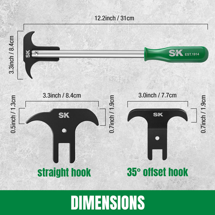 SK tool with measurements of different hooks on a gray background