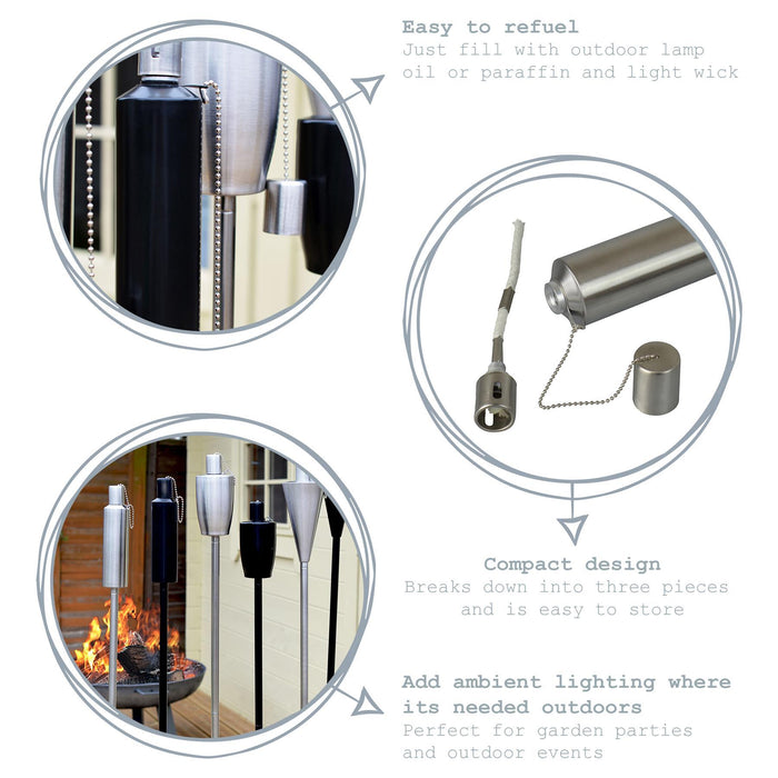 Silver 1.46m Stainless Steel Round Garden Torches - Pack of 6