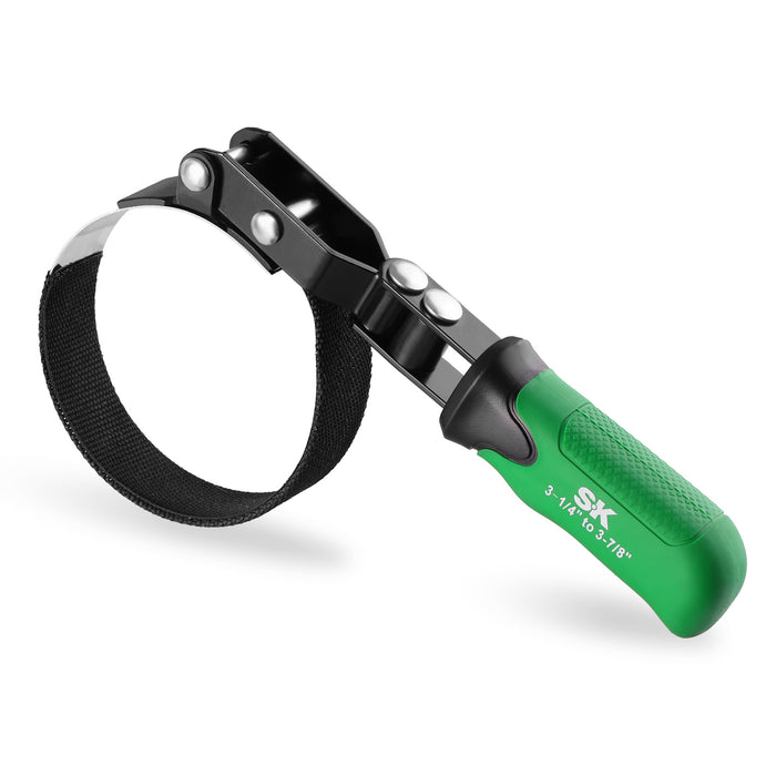 Standard Swivel Oil Filter Wrench #SK01245 by SK Tools USA, LLC, green handle and black strap, swivel grip