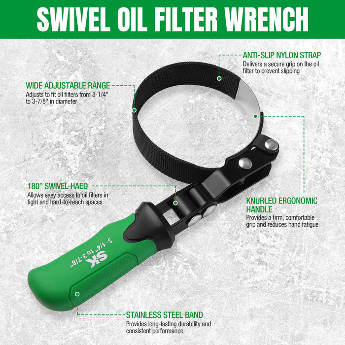 Standard Swivel Oil Filter Wrench, #SK01245, SK Tools USA, 180-degree swivel oil filter wrench black anti-slip nylon strap
