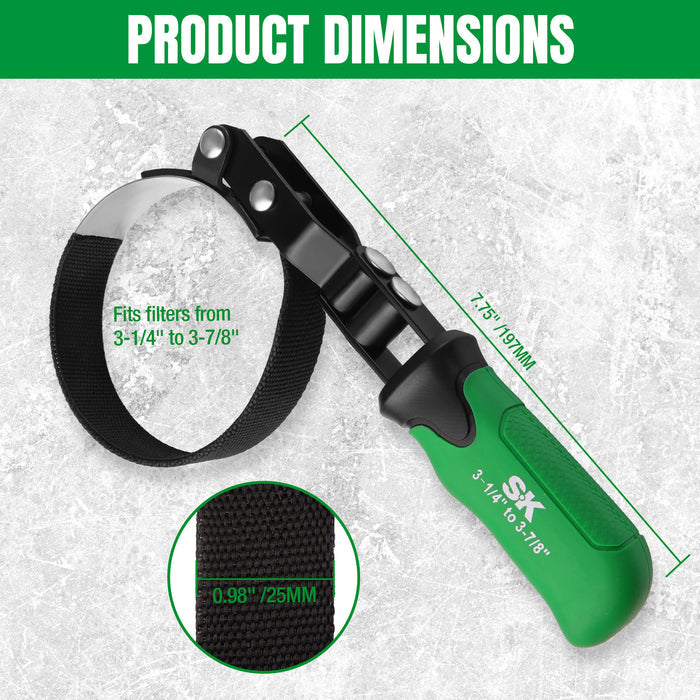 Standard Swivel Oil Filter Wrench, #SK01245, SK Tools USA, LLC oil filter wrench black and green, 3-1/4 to 3-7/8 inch fit