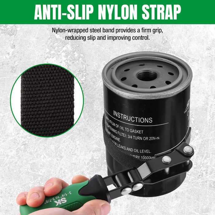 Standard Swivel Oil Filter Wrench, #SK01245, SK Tools USA, LLC, black and green, nylon-wrapped steel band grip