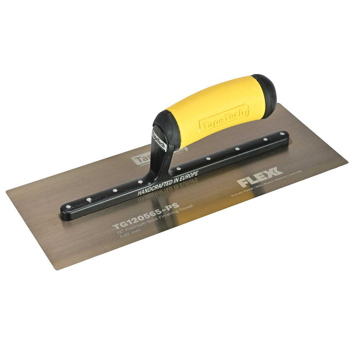 11-inch TapeTech Gold Stainless Steel FLEXX Finishing Trowel with flexible blade and yellow ergonomic handle