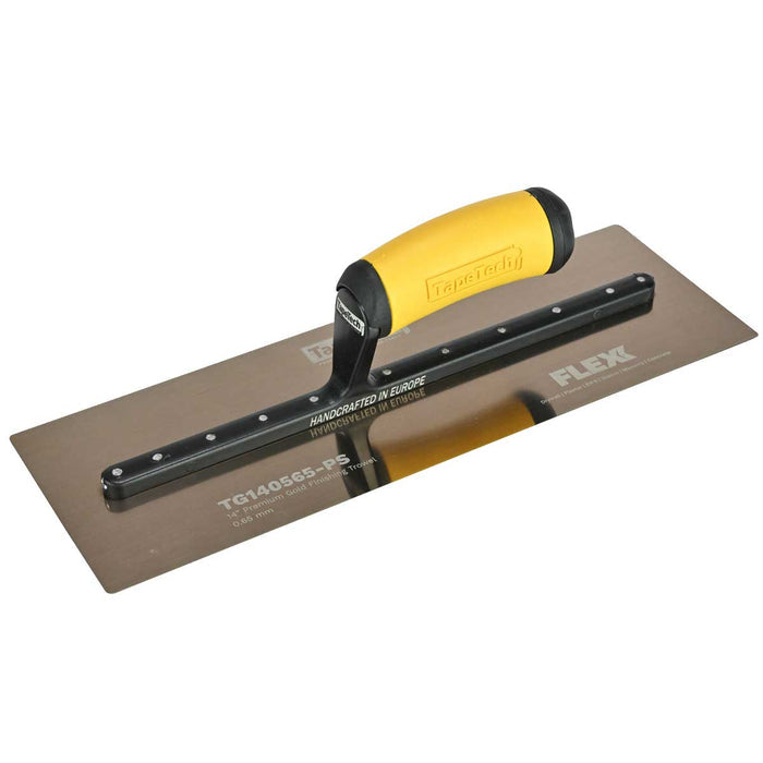 12-inch TapeTech Gold Stainless Steel FLEXX Finishing Trowel with flexible blade and yellow ergonomic handle