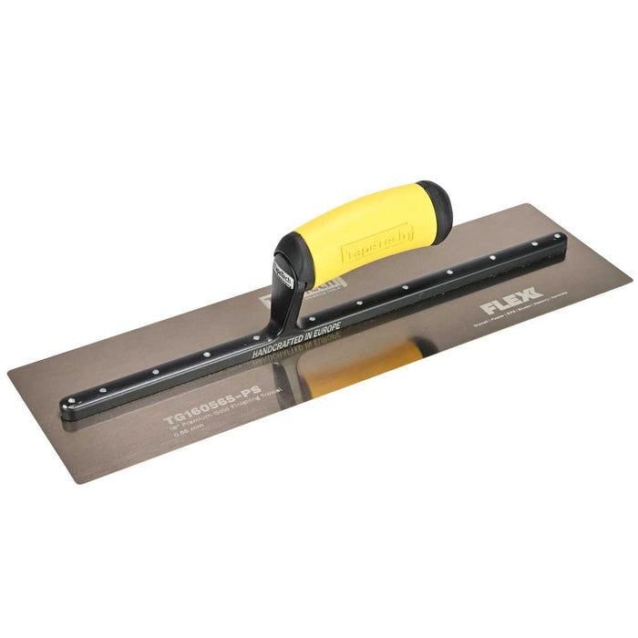 14-inch TapeTech Gold Stainless Steel FLEXX Finishing Trowel with flexible blade and yellow ergonomic handle