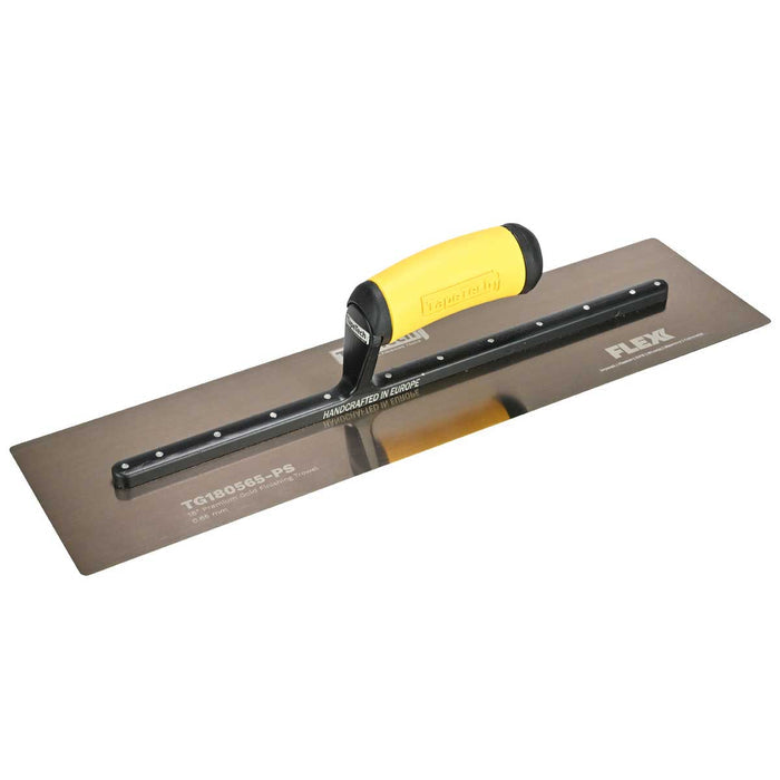 16-inch TapeTech Gold Stainless Steel FLEXX Finishing Trowel with flexible blade and yellow ergonomic handle
