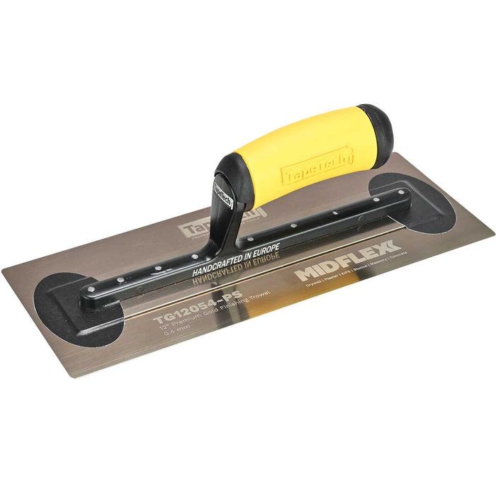12-inch TapeTech Gold Stainless Steel MIDFLEXX Finishing Trowel with yellow ergonomic handle