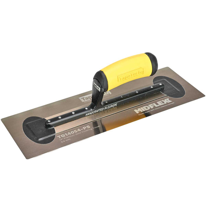 14-inch TapeTech Gold Stainless Steel MIDFLEXX Finishing Trowel with yellow ergonomic handle