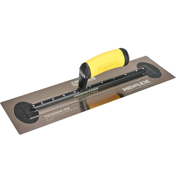 16-inch TapeTech Gold Stainless Steel MIDFLEXX Finishing Trowel with yellow ergonomic handle