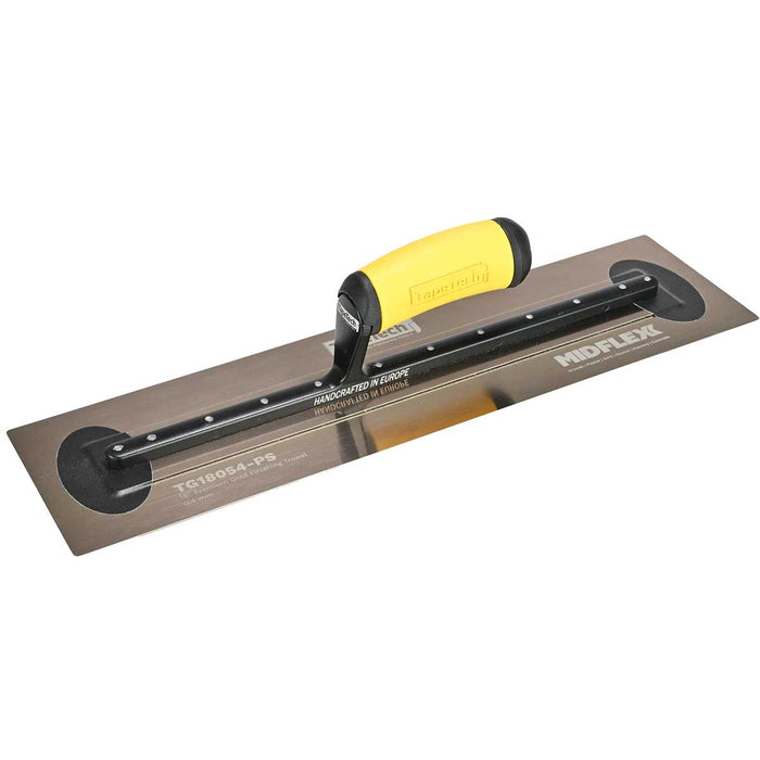 18-inch TapeTech Gold Stainless Steel MIDFLEXX Finishing Trowel with yellow ergonomic handle