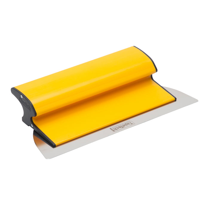 12-inch TapeTech Premium Finishing Knife with yellow composite frame, grey end caps, and stainless steel blade, quarter view