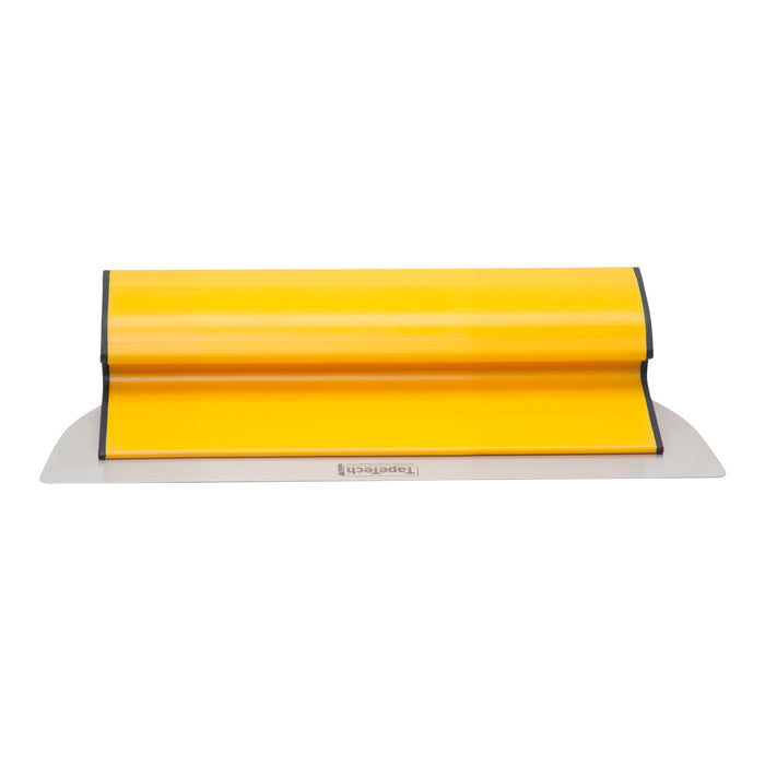 14-inch TapeTech Premium Finishing Knife with yellow composite frame, grey end caps, and stainless steel blade, front view