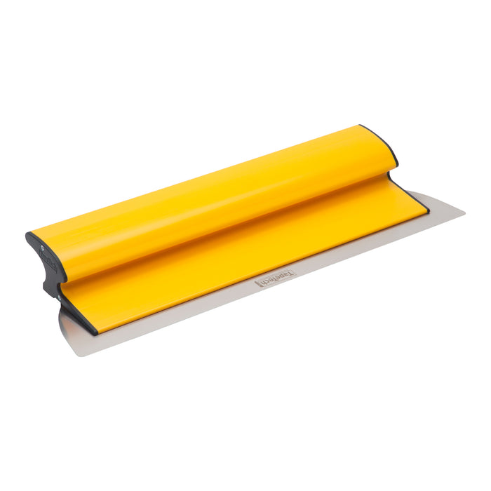 18-inch TapeTech Premium Finishing Knife with yellow composite frame, grey end caps, and stainless steel blade, quarter view