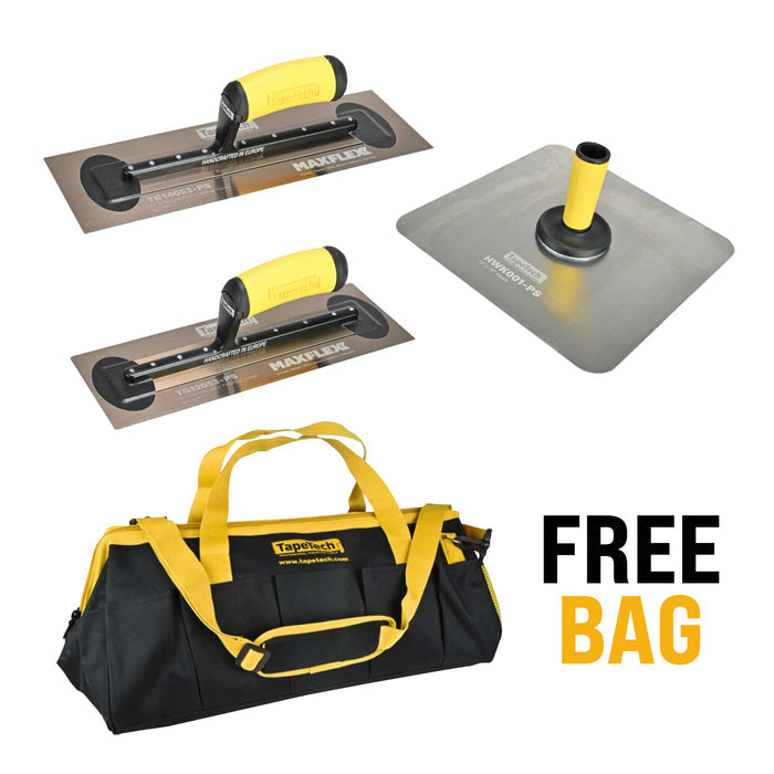 TapeTech hand tool set with 12-inch and 14-inch MAXFLEXX trowels, hawk, and FREE TapeTech tool bag