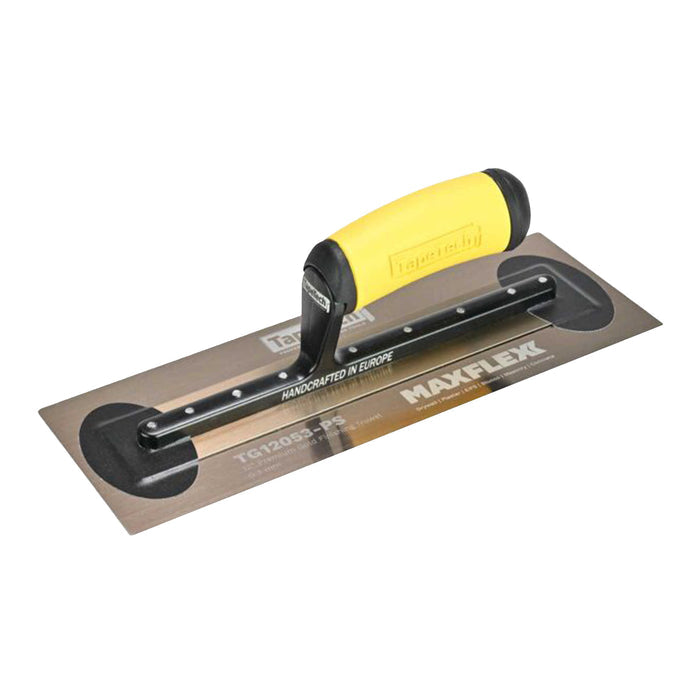 12-inch TapeTech Stainless Steel MAXFLEXX Finishing Trowel with black alloy bar and yellow handle