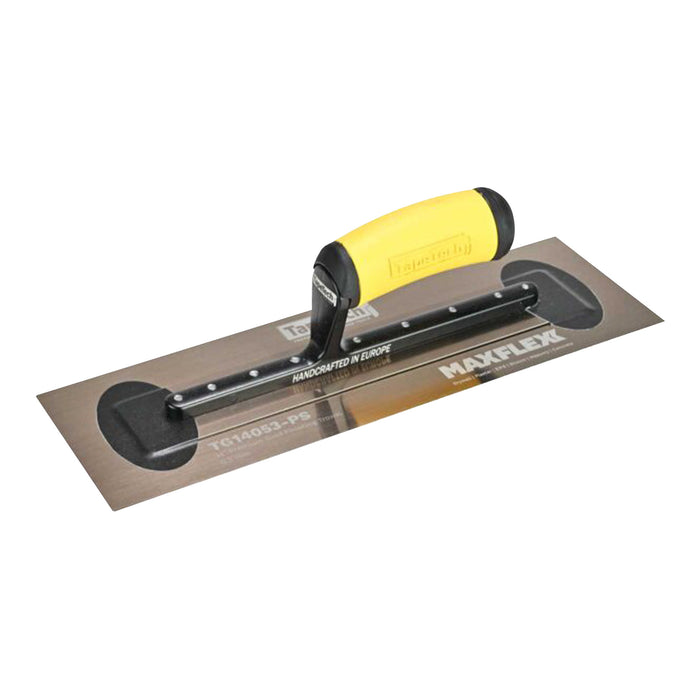 14-inch TapeTech Stainless Steel MAXFLEXX Finishing Trowel with black alloy bar and yellow handle