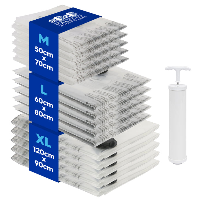Vacuum Storage Bags with Hand Pump - 3 Sizes - White - Pack of 15